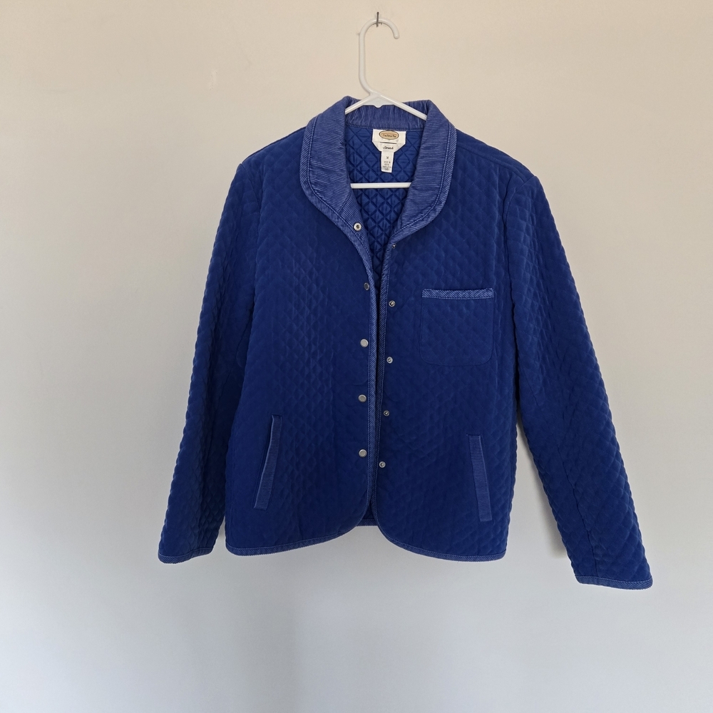 Talbots Blue Quilted Jacket Snap Front Corduroy Collar and piping Spring Size M